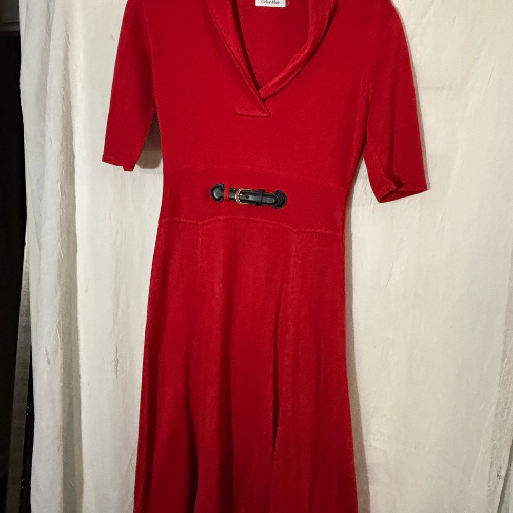 Calvin Klein Red A-Line Midi Dress with Cowl Neck